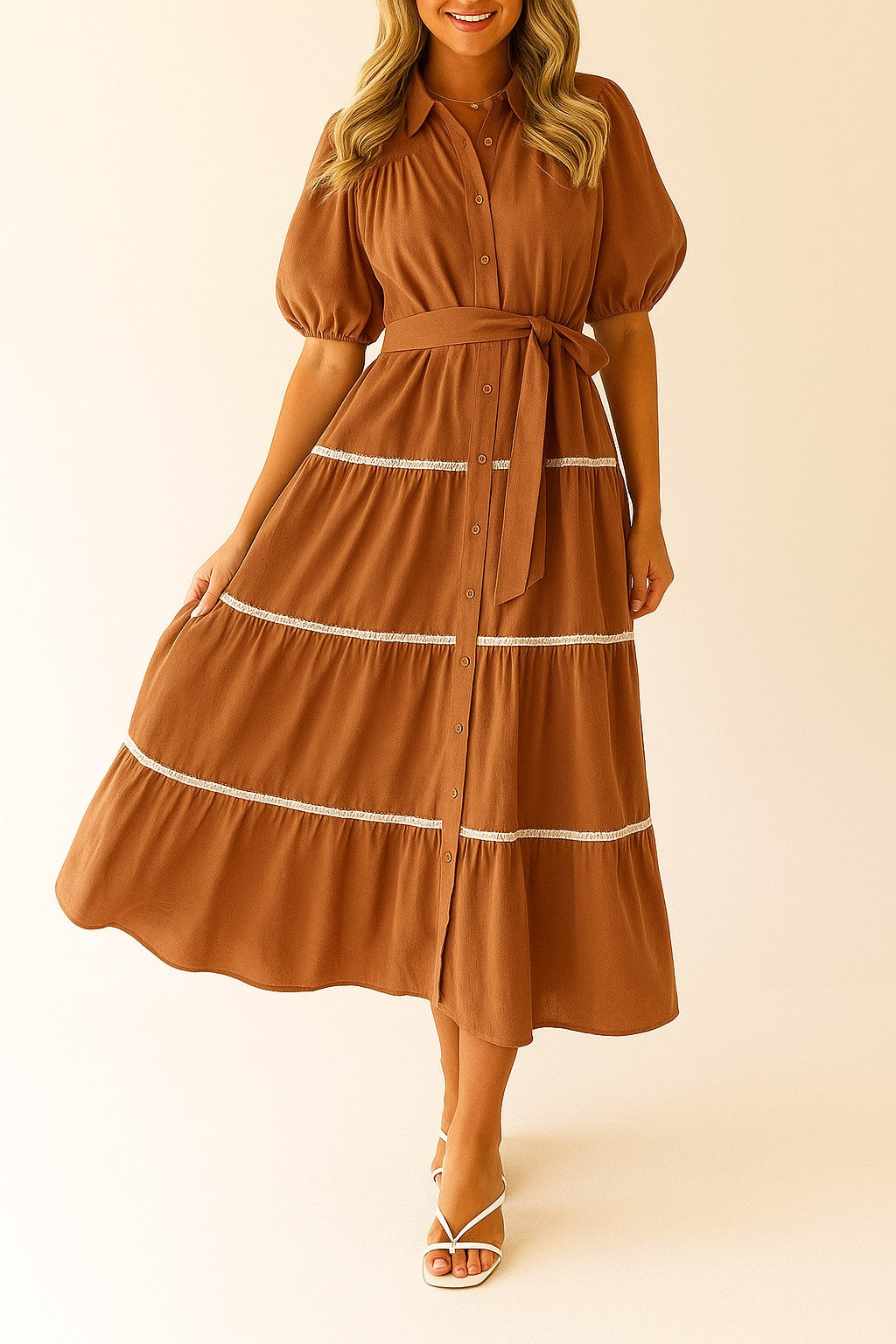 Maxi Dress with Tiered Layers, Chic Puff Sleeves