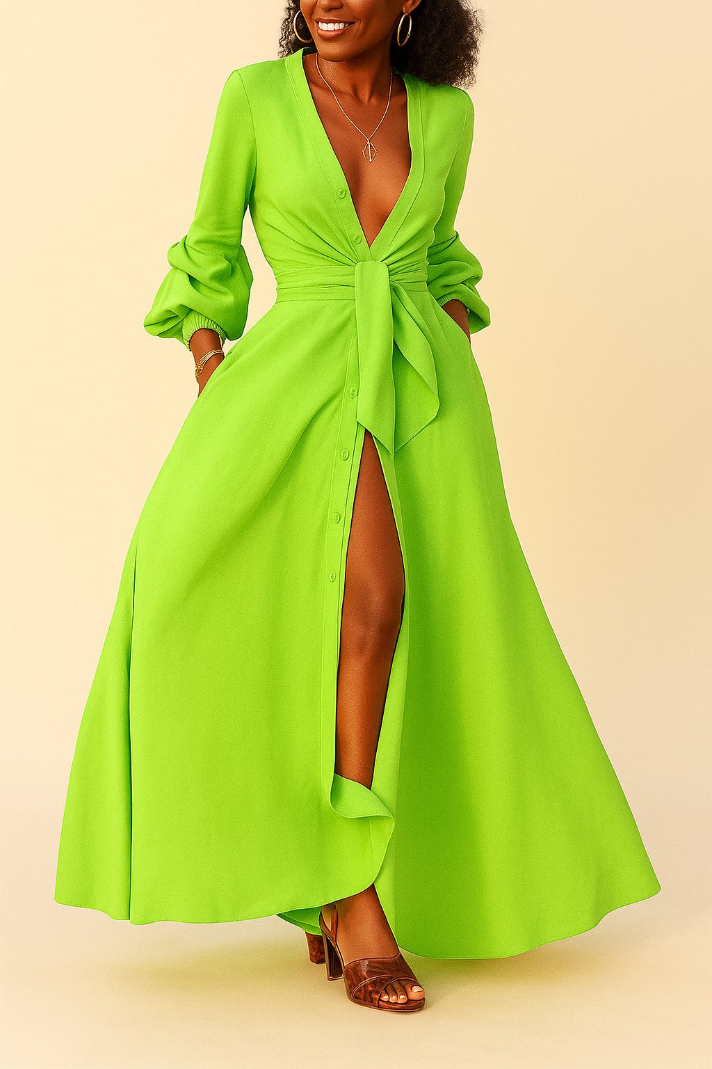 Maxi Dress with Slit and Belt