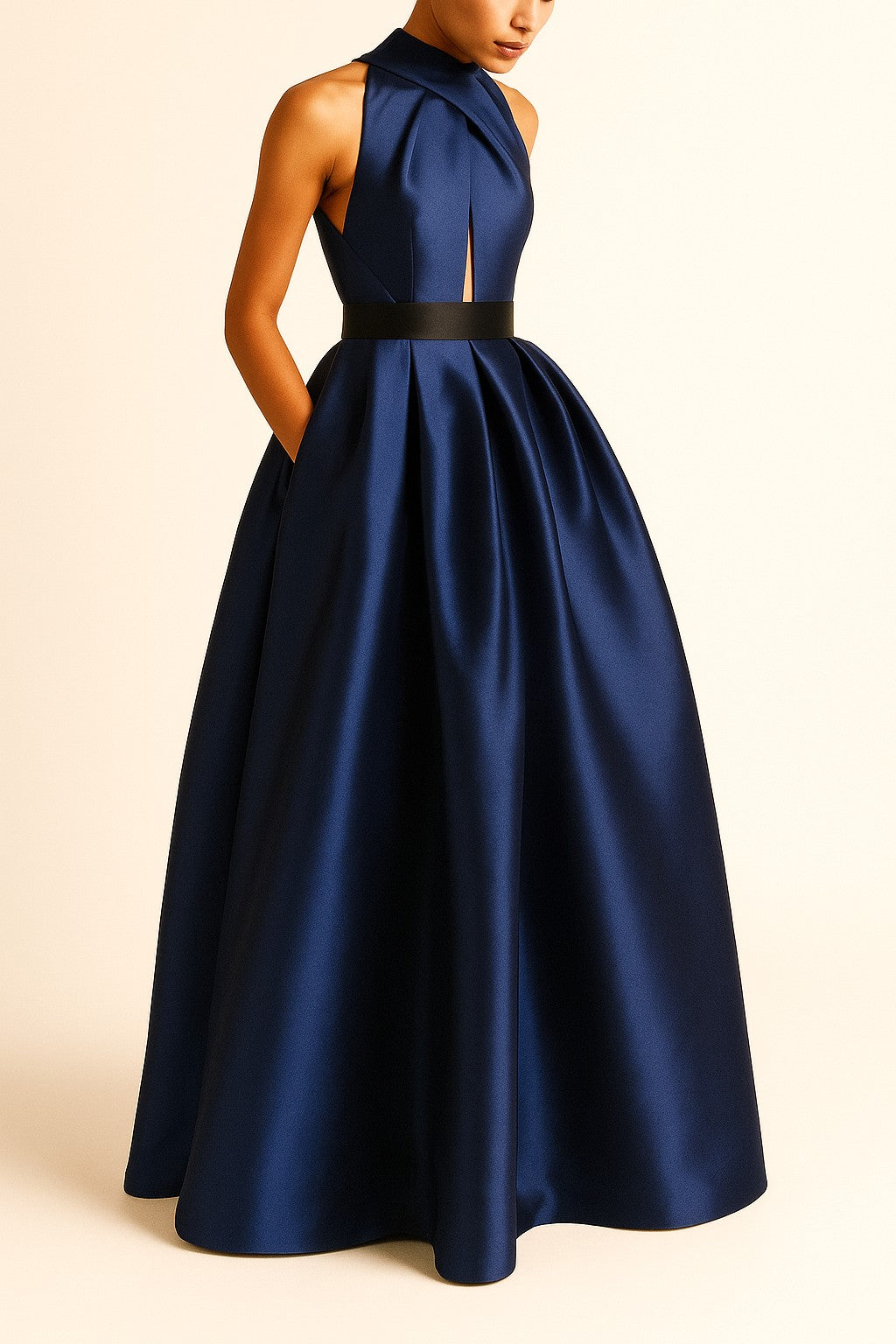 Designer Halter Neck Formal Dress with Pockets