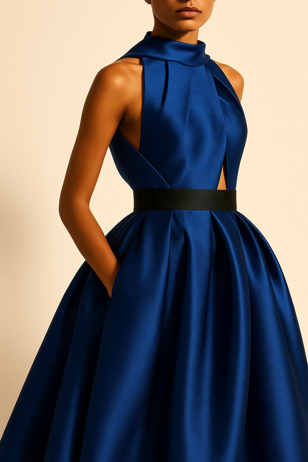 Designer Halter Neck Formal Dress with Pockets